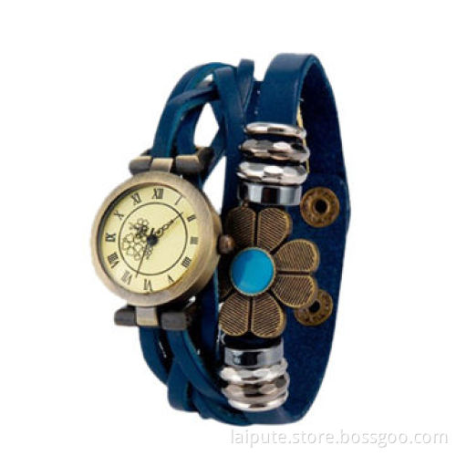 Women's Flower Decoration Round Dial Alloy Analog, Quartz Wrist Watch with Leather Bracelet (Blue)